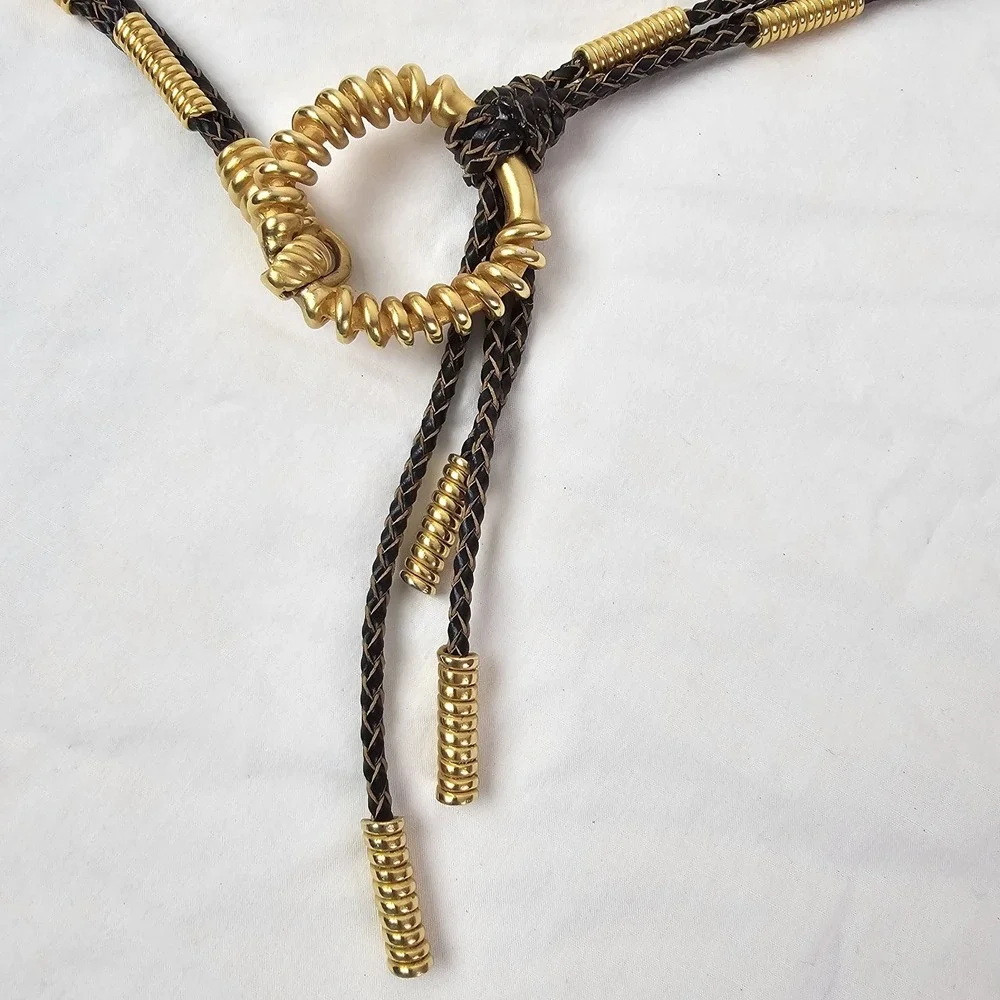Vintage Women's Bolo Tie Hip Belt S/M Dark Brown Gold Leather Western Boho